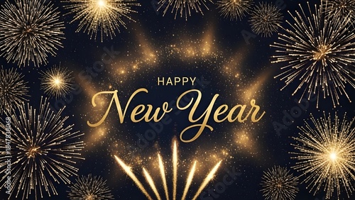 A dazzling New Year’s scene showcasing golden fireworks surrounding an elegant 