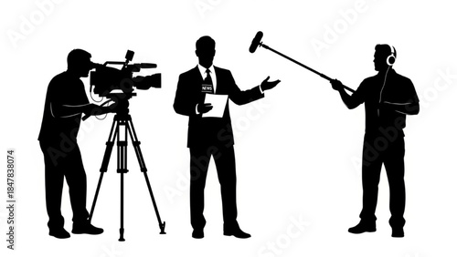 Black Silhouette News Reporter Vector with Camera Crew Interviewing and Broadcasting