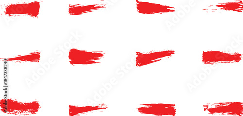  brushstroke and paintbrush template with splashes grunge. Vector set red brush stroke. Dirty artistic design elements. Grunge splatter, dirt stain, brush with drops blots. 