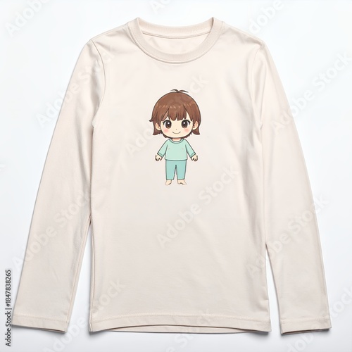 Long-sleeved cream shirt featuring a central cartoon character illustration on a white background