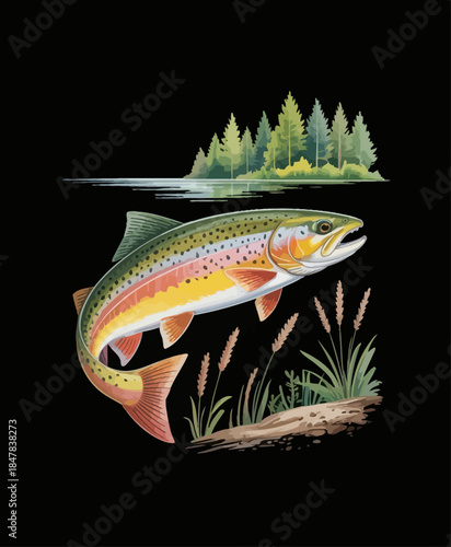 A detailed, painterly wildlife illustration of a freshwater trout on a solid black background. Fish swim in a textured riverbed.