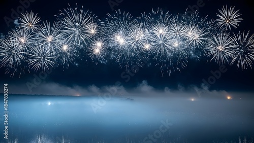 Dazzling Fireworks Line Illuminating Mist-Covered Lake with Reflected Light and Depth