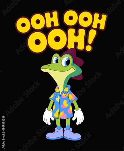 Above, text “OOH OOH OOH frog-like or chameleon-like creature standing facing forward.