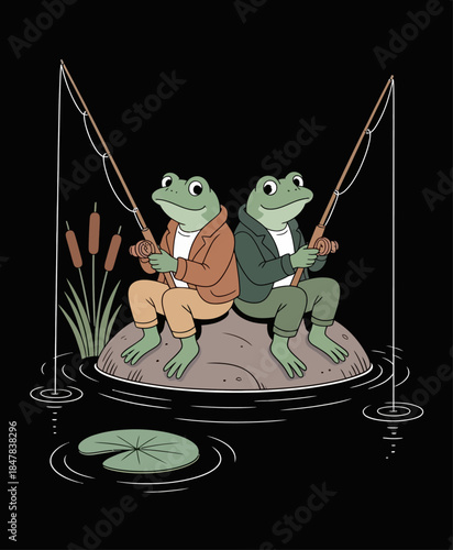 A classic image of two anthropomorphic frogs fishing together set against a deep black background.