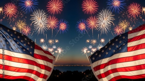 Festive Fireworks and American Flags Framing a City Skyline for Patriotic Holiday Tribute