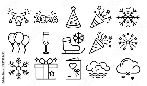 January & New Year 2026 Winter Celebration Line Icons Set