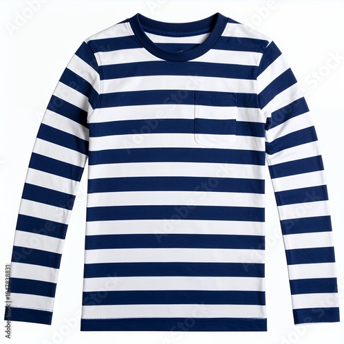Striped long-sleeve t-shirt with navy blue and white pattern on a white backdrop