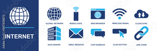 Internet icon set. Containing global network, mobile data, web browser, wireless signal, cloud sync, data server, email message, chat bubbles, click button, link chain and more. Solid vector icons