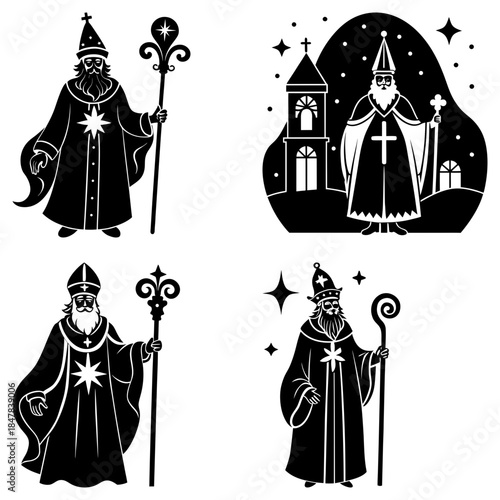 Three Bishops in Religious Attire with Church Background on White Background clergy silhouette