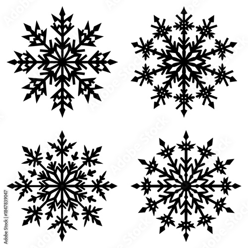 Four Black Snowflakes on White Background with Transparent Background winter