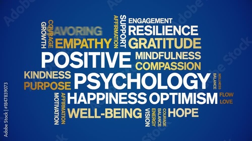 Positive Psychology animated word cloud-text design animation tag kinetic typography seamless loop.