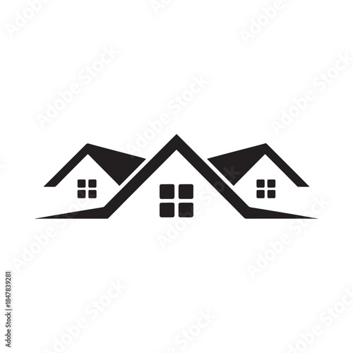 Simple black and white illustration of three connected house roofs