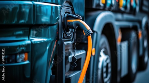 Stunning photo of Close-up of an electric truck charging port with an orange charging cable plugged in, on a blurred background of the truck.
