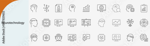 neurotechnology brain science line icons set, minimal vector illustration design