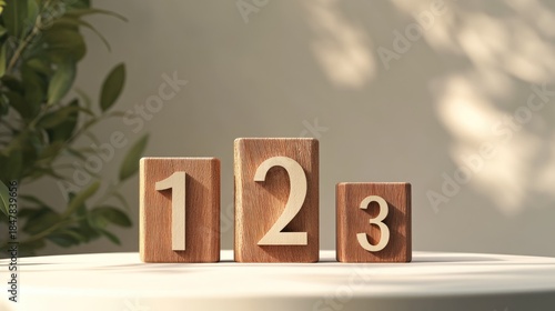 Wooden Number Blocks 1, 2, 3 on a Table Surrounded by Natural Light and Greenery, Perfect for Children's Learning and Educational Themes