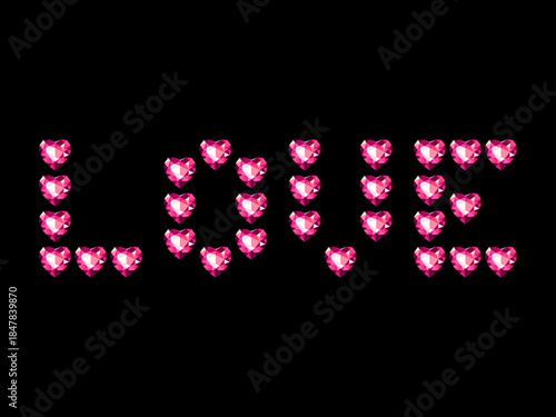 brilliant red hearts on black background.  Decorative print, inscription  LOVE. Vector illustration .