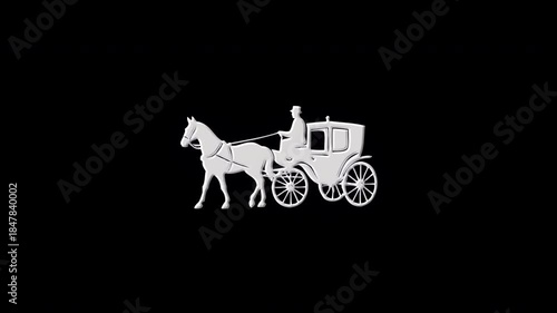 White horse carriage materializing and dematerializing on black background