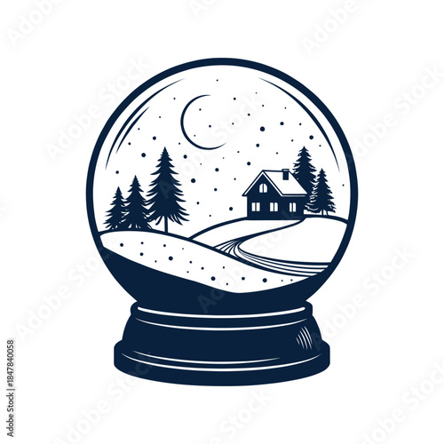 Snow Globe Village with Sleigh silhouette logo vector line art logo design