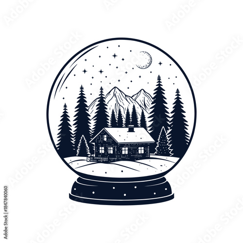 Snow Globe Village with Sleigh silhouette logo vector line art logo design