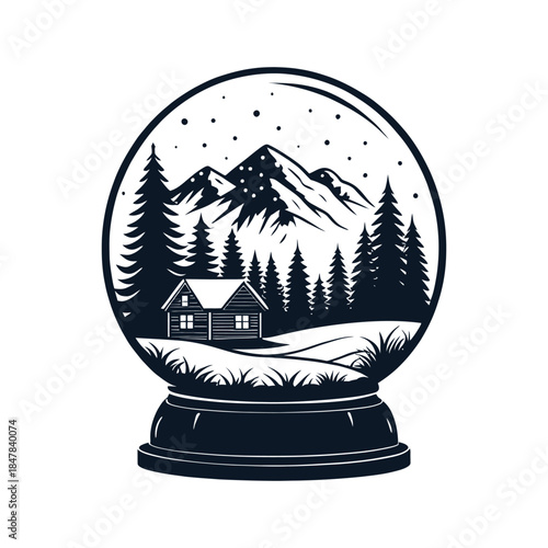 Snow Globe Village with Sleigh silhouette logo vector line art logo design
