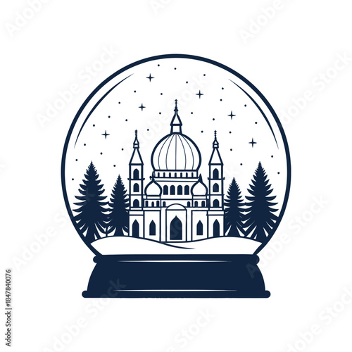 Snow Globe Village with Sleigh silhouette logo vector line art logo design