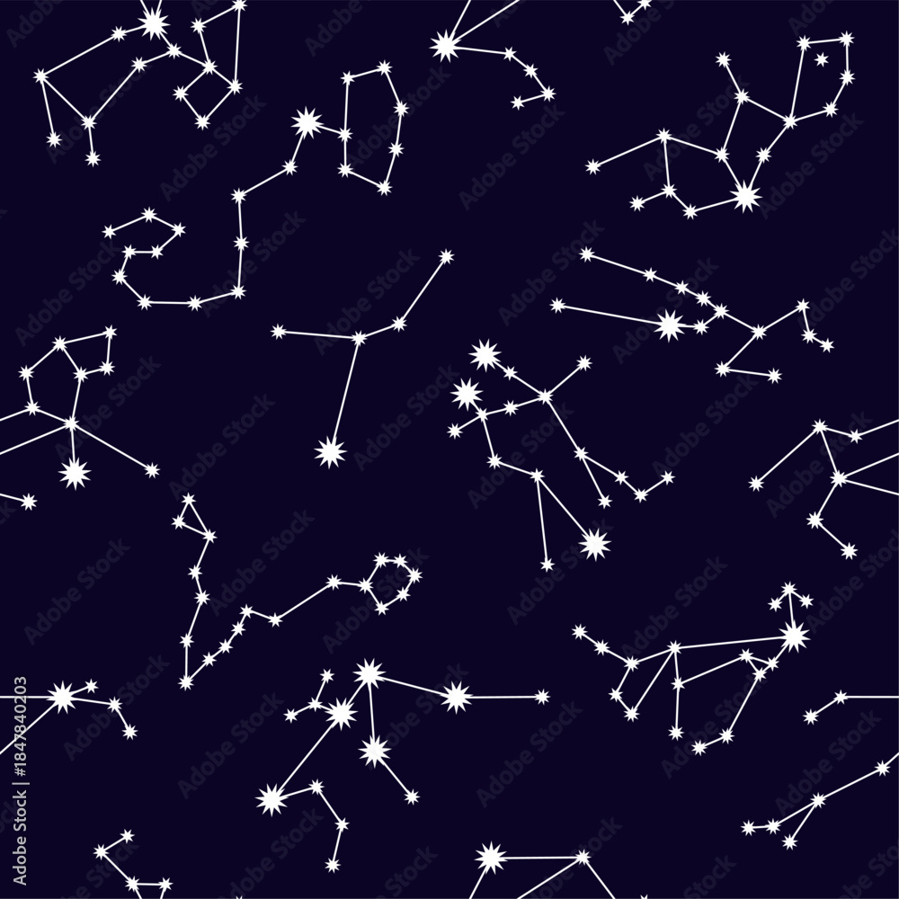 Fototapeta premium zodiac signs and geometric shapes on black background. Stylish abstract seamless pattern in trendy style Vector illustration 