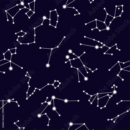 zodiac signs and geometric shapes on black background. Stylish abstract seamless pattern in trendy style Vector illustration	
