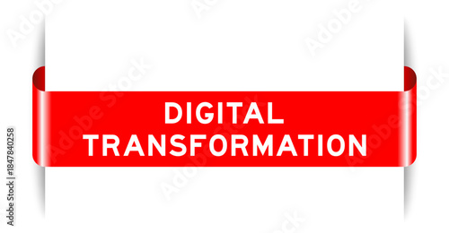 Red color inserted label banner with word digital transformation on white background
