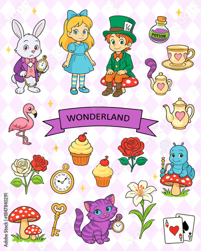 A big  set of anime-style wonderland characters. Cartoon Alice, white rabbit, Hatter, Cheshire cat, flamingos, roses, poison, clock, teapot and cup, key and cards. Vector illustration © svetlanasmirnova