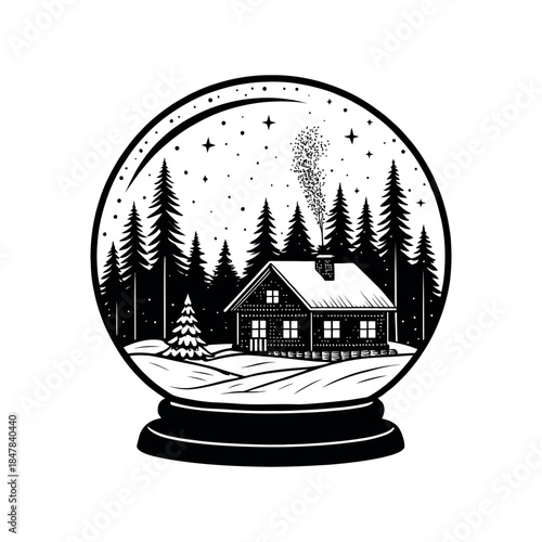 Snow Globe Village with Sleigh silhouette logo vector line art logo design