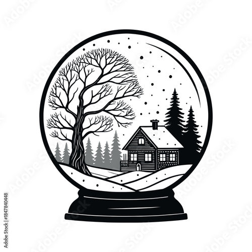 Snow Globe Village with Sleigh silhouette logo vector line art logo design