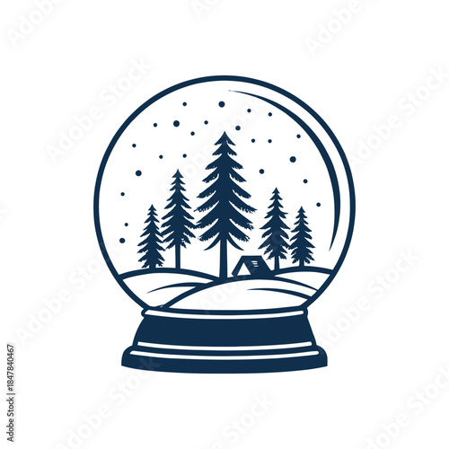 Snow Globe Village with Sleigh silhouette logo vector line art logo design