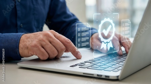 Hands typing on a laptop, glowing 3D certification ribbon seal with a checkmark, digital checklists floating in the air, quality assurance (QA), approved standard, verified document, ISO certification