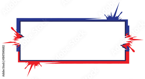 A rectangular frame with red and blue paint splatters on a white background.