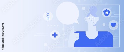 Portrait of a young friendly healthcare assistant offering advice from a laptop computer with medical icons. Nurse, healthcare and insurance expert. Medical worker. Abstract flat vector illustration