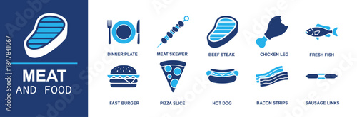 Meat and food icon set. Containing dinner plate, meat skewer, beef steak, chicken leg, fresh fish, fast burger, pizza slice, hot dog, bacon strips, sausage links and more. Solid vector icons
