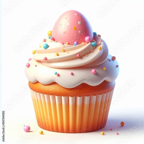 Colorful cupcake with pink egg and sprinkles on white frosting in a decorated paper liner