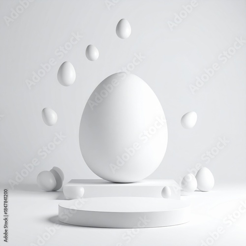 White eggs arranged in an artistic display on a minimalist pedestal with floating elements