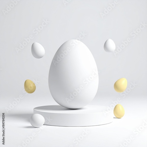 White and Yellow Eggs Floating Around a Central Egg on Circular Display Stand