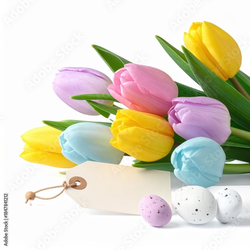 Colorful Spring Tulips Bouquet with Decorative Easter Eggs and Blank Tag for Greeting Cards