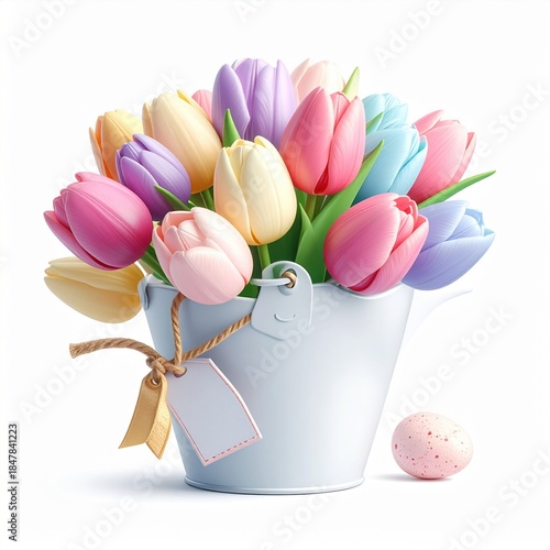 Colorful tulips in a white bucket with a decorative tag and pastel Easter egg