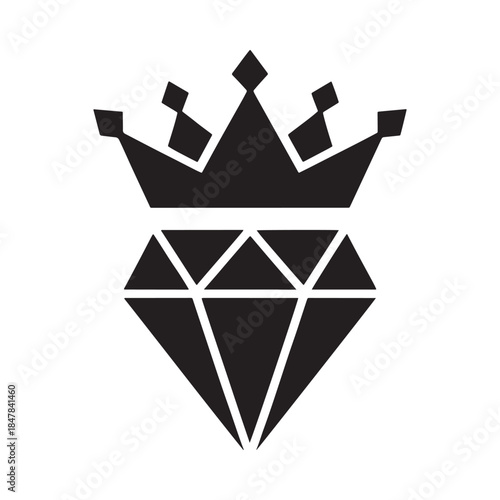 A black and white illustration featuring a diamond and a crown symbol