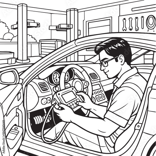 Funny vector drawing of a business man in a car creating a humor gag illustration for a comic work of art featuring people and a woman