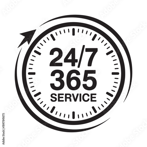 Round clock icon displaying 24 7 365 service availability in black and white