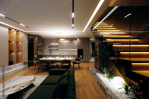 Foto Peaceful modern chamber featuring kingsize bed and soft lighting