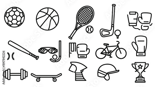 Collection of various sports equipment and accessories icons, Generative AI.