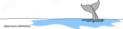 continuous line drawing of whale tail fin rising from water, line art vector illustration