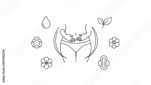 Woman's body with period products and flowers around her, Generative AI.