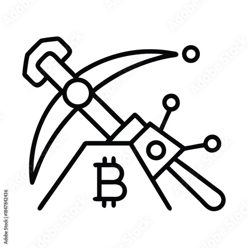 Bitcoin mining concept with pickaxe and circuit board elements