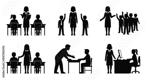 Silhouettes depict various educational and professional interactions between adults and children.
